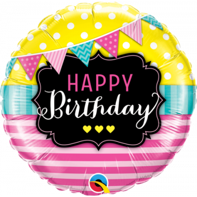 45cm Happy Birthday Pennants Pink Stripes Foil Balloon