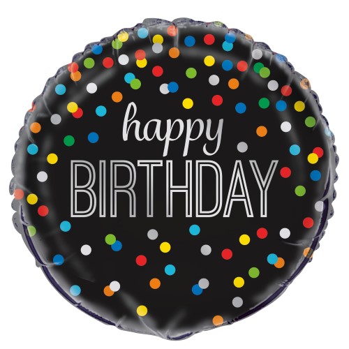 45cm Happy Birthday Rainbow Dot Black Foil Balloon