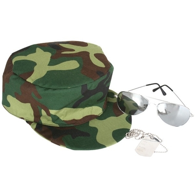 Military Set Camo Cap Glasses Dog Tags