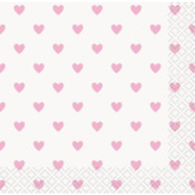 16pk Beverage Napkins Baby Shower Pink Hearts 2ply 25 x 25 cm