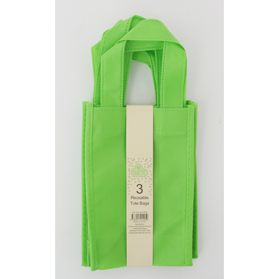 3pk Green Reusable Tote Bags 12 x 8 x 18 cm