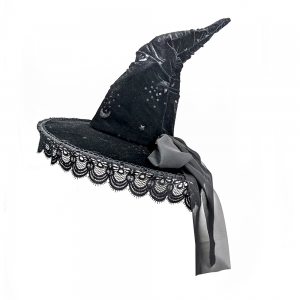 Black Witches Hat with Moon Shapped Cut Out Lacy Trim