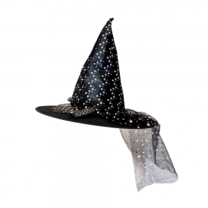 Black Witches Hat with Shiny Silver Bow