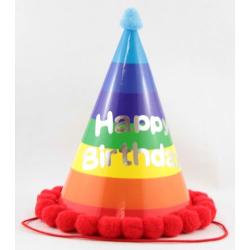 Happy Birthday Stripes Pom Pom Cone Hat 1