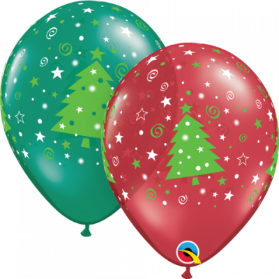 Qualatex 28cm Christmas Trees Stars Swirls Green Red Latex Balloon