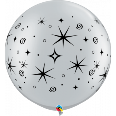 Qualatex 90cm Onyx Silver Sparkles Swirls Latex Balloon