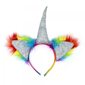 Silver Glitter Unicorn Headband with Rainbow Ears