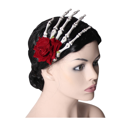 Skeleton Hand with Red Rose Hair Clip