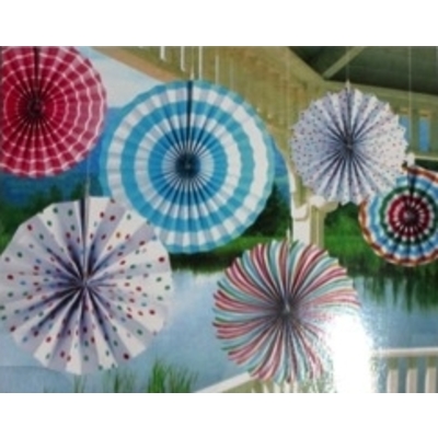 6pk Multi Coloured Stripes Dots Paper Fan Decorations