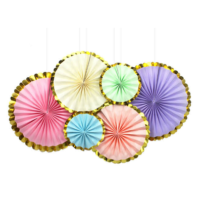 6pk Pastel Rainbow Decoration Fan with Metallic Rim