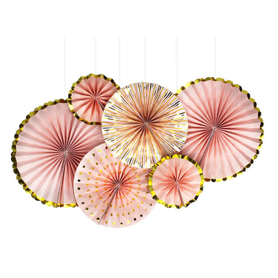 6pk Peach Decoration Fan with Metallic Rim
