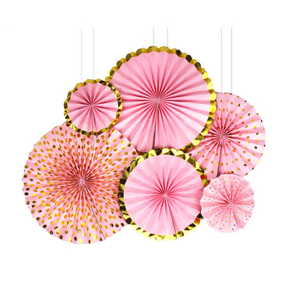 6pk Pink Decoration Fan with Metallic Rim