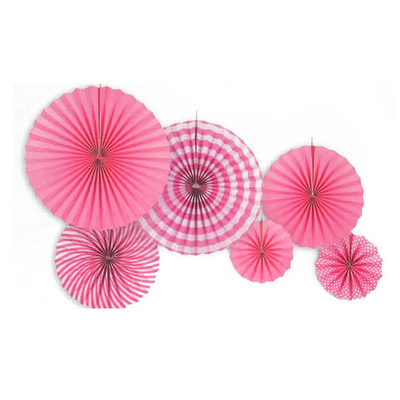6pk Pink Plain Stripe Decoration Fans