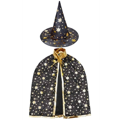 Kids Black Gold Stars Witch Cape Hat Set