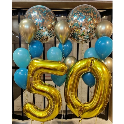 Milestone 50th Birthday with Turquoise Chrom Gold Balloon Bouquet