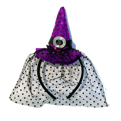 Mini Purple Witch Hat with Veil Headband