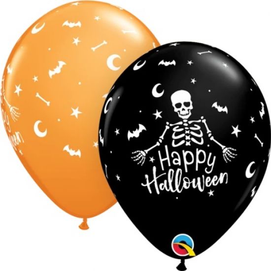 Qualatex 28cm Orange Black Happy Halloween Skeleton Latex Balloons