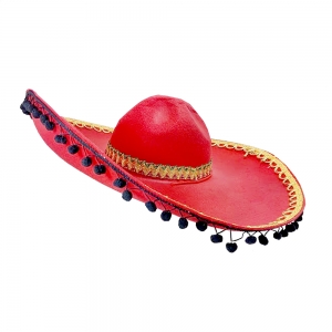 Red Mexican Hat with Black Pom Poms