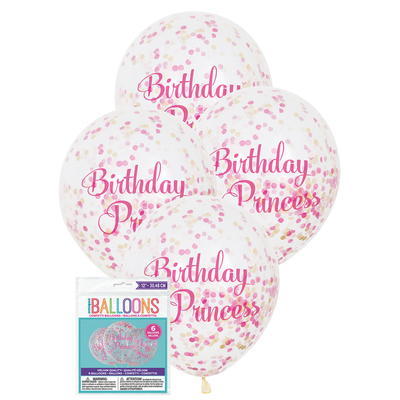 6 x 30cm Birthday Princess Clear Balloons with Prefilled Dark Pink Light Pink Gold Confetti