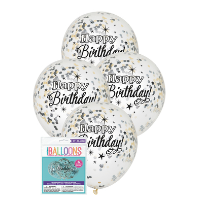 6 x 30cm Glittering Birthday Clear Balloons with Prefilled Silver Gold Black Confetti