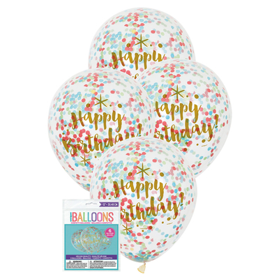 6 x 30cm Glitzy Gold Birthday Clear Balloons with Prefilled with Multi Coloured Confetti