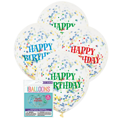 6 x 30cm Happy Birthday Clear Balloons with Prefilled with Bright Confetti