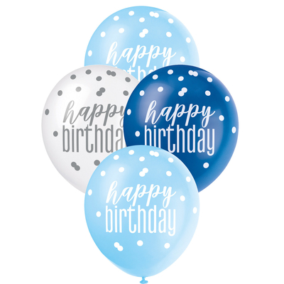 6 x 30cm Happy Birthday Royal Blue Powder Blue White Latex Balloons