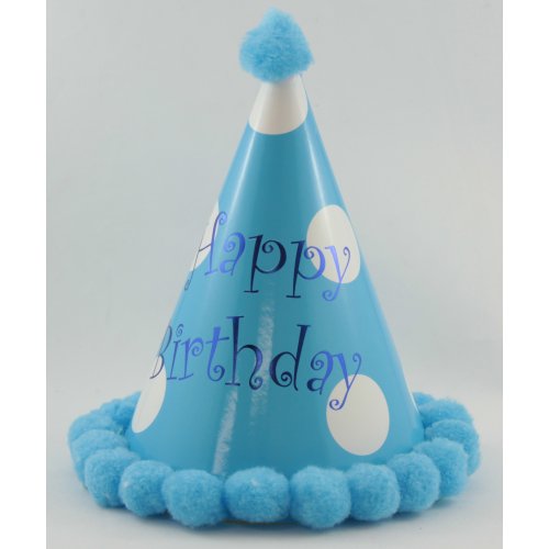 Blue with Big Dots Happy Birthday Pom Pom Hat