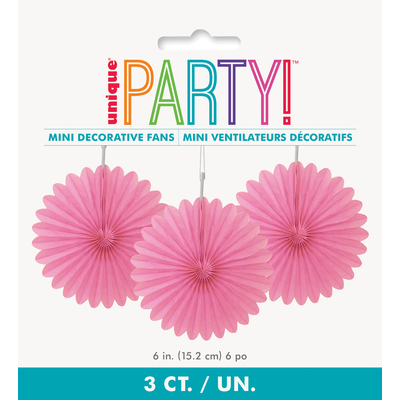 3pk Decorative Fans 15cm Hot Pink