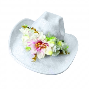 White Lacy Cowboy Hat with Flower Deco