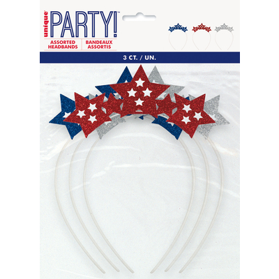 3pk Star Party Headband Silver Red Blue