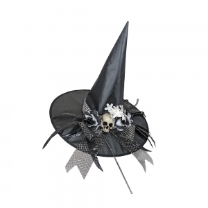 Witch Hat with Skulls Black White Flowers