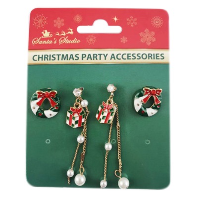 2pairs Xmas Earrings Wreath Gift Box
