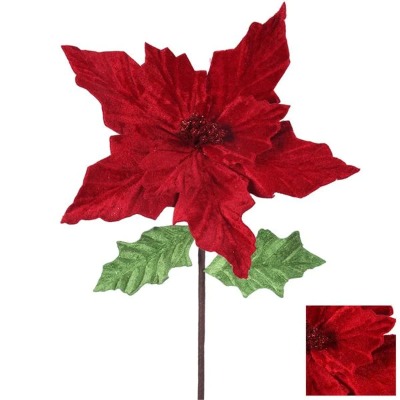Red Velour Poinsettia Steam with Green Leaves