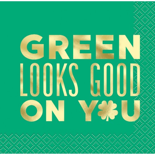 16pk Green Looks Good On You Shamrock Foil Stamped Beverage Napkin 25x25cm 1