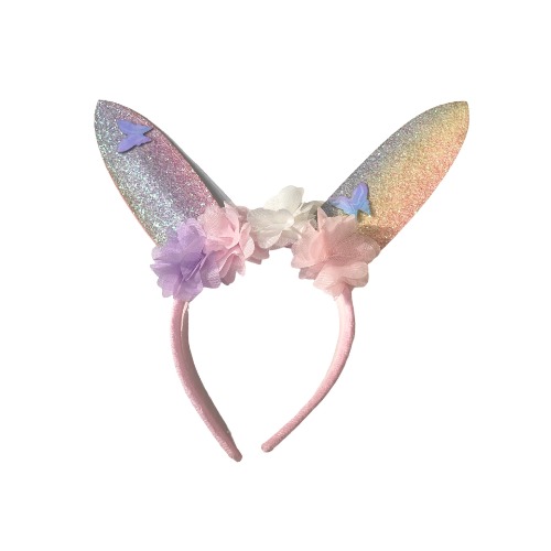 Easter Glitter Bunny Ear Headband with Flower Butterflies 1