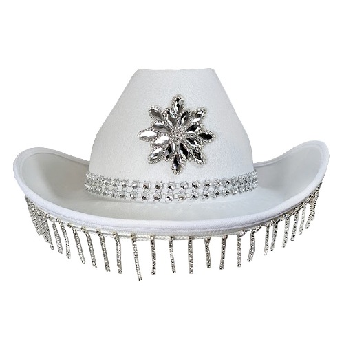 White Cowboy Hat with Rhinestones & Tassels ()