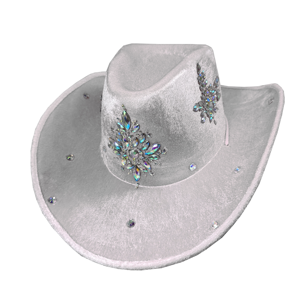 White Cowboy Hat with Centre Crystal Decors & Scattered Crystals