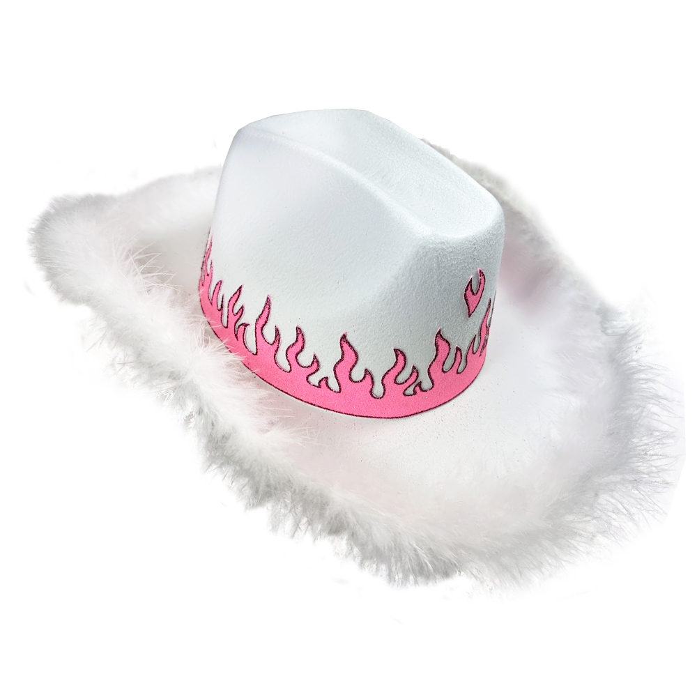 White Festival Hat with Pink Glitter Flame Design White Cowboy Hat