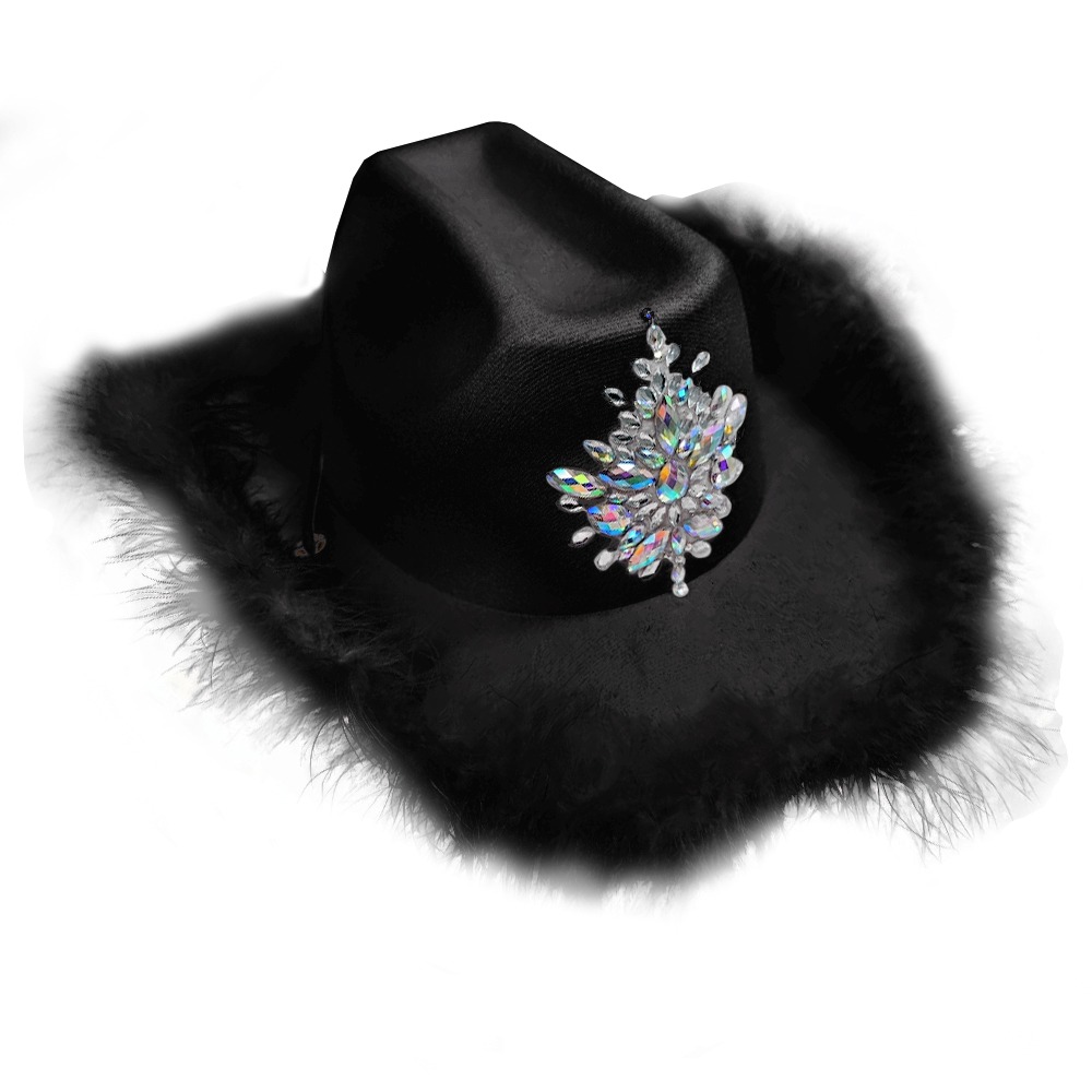 Black Festival Hat with Crystal Deco & Black Fur Trim Cowboy Hat