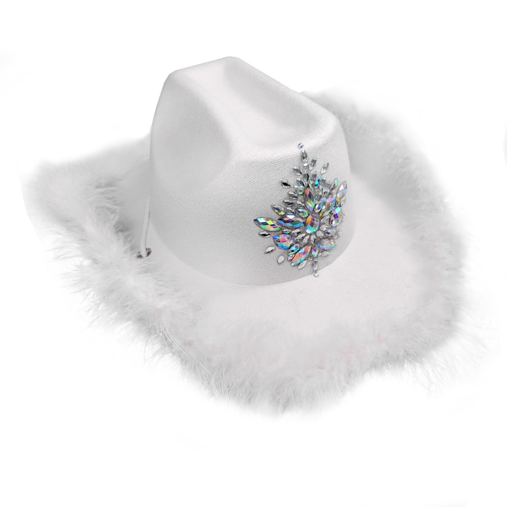 White Festival Hat with Crystal Deco & White Fur Trim Cowboy Hat