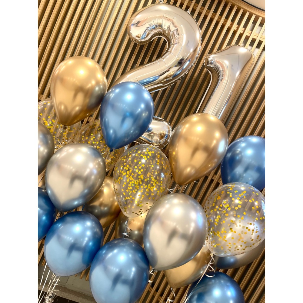st with Chrome Gold Chrome Blue & Confetti Balloon Bouquet