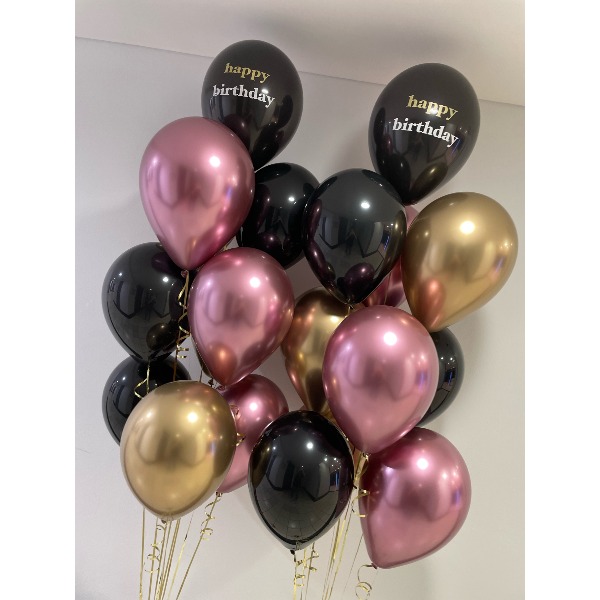 Black Happy Birthday with Chrome Gold & Chrome Pink Balloon Bouquet