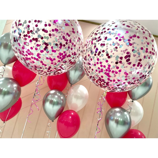 Magenta & Silver Theme with Jumbo Confetti Balloon Bouquet