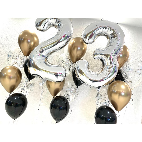 Silver rd with Chrome Gold Black & Confetti Balloon Bouquet